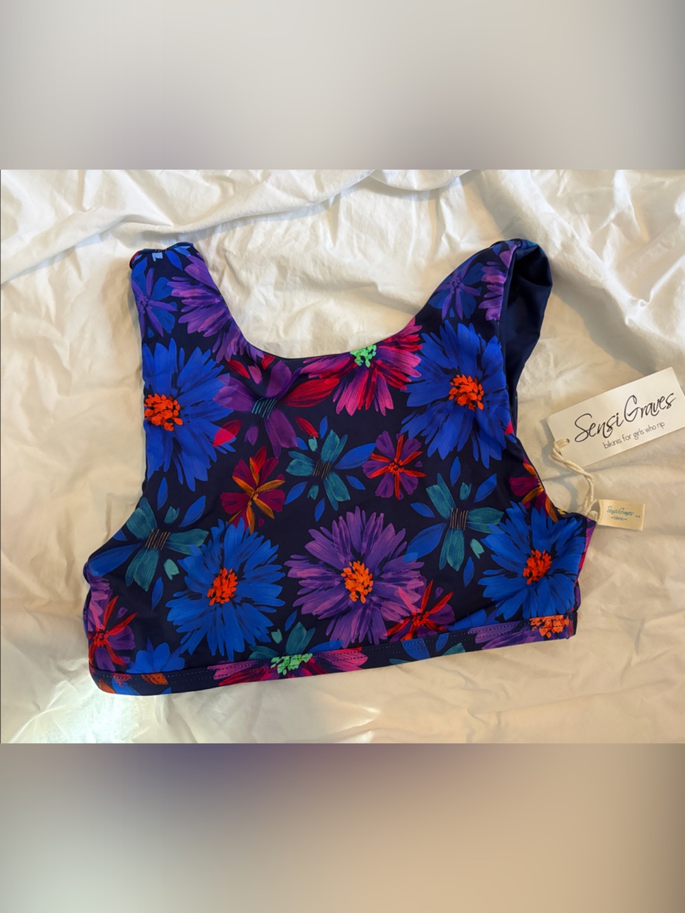 Sensi Graves Navy Floral Crop Bikini Top - Blue, Purple & Orange Floral design